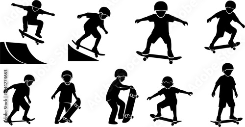 Kids skateboarding silhouette, Skate silhouette, Skateboard silhouettes, Skateboard vector, Child skateboarding silhouettes, Skateboarding bundle set