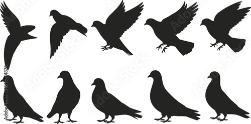 PrintSilhouettes of people drinking, dining, and working alone and together at a café or restaurant table, black and white vector illustration.