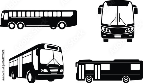 PrintUrban Public Bus Silhouette Vector Set, Side, Front, and Three-Quarter Views, Passenger Transport, Transit Vehicle Icon Collection, Black and White.