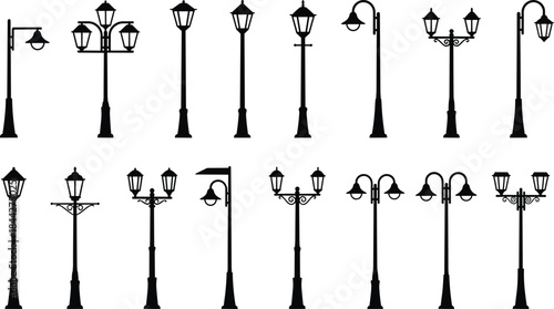 PrintVariety of Vintage and Modern Street Light Silhouettes Vector Set, Featuring Detailed Outdoor Lampposts for Urban and Architectural Design.