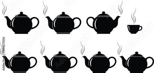 PrintTea Pot and Cup Silhouette Icon Set, Black Vector Collection of Steaming Teapots, Hot Beverage Icons, Tea Time, Relaxation, and Drinkware Graphics.