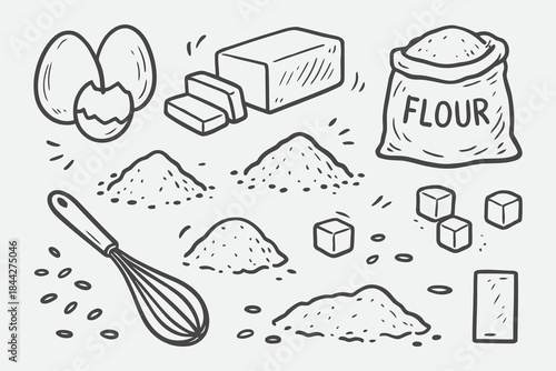 Hand-Drawn Baking Ingredient Elements — Minimal Black and White Sketch Vector Set