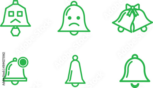 Collection of diverse green line art bell icons including notification sad face and wedding bells in a clean modern design for digital use