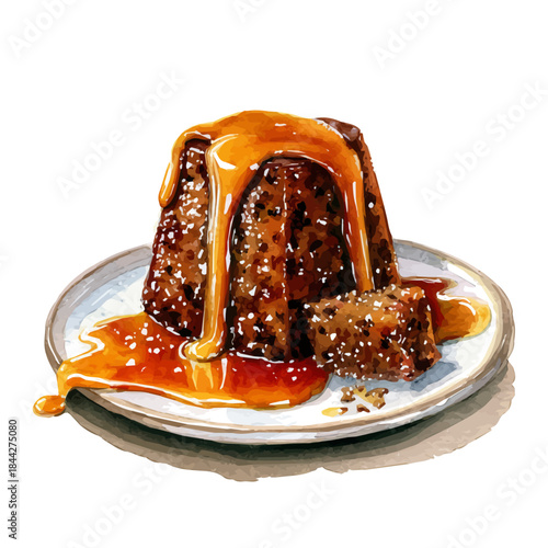 Watercolor illustration of Sticky Toffee Pudding, vector artwork, isolated on white background.