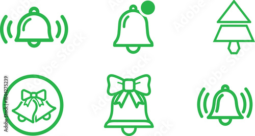 Collection of festive green line icons depicting various Christmas bells notification symbols and a simple evergreen tree outline for holiday season alerts