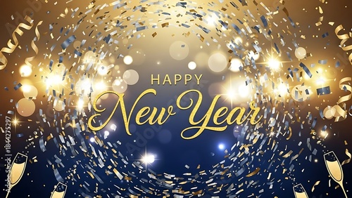 New Year celebration with festive Christmas tree background, golden confetti, and joyful party atmosphere, close-up festive graphic view