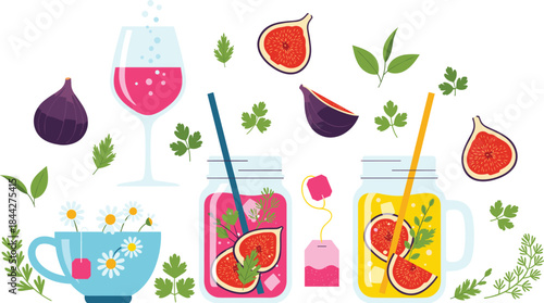 Flat Vector Illustration Set of Figs, Herbal Tea, Iced Drinks in Mason Jars, Wine Glass, and Decorative Leaves for Refreshment and Healthy Design.