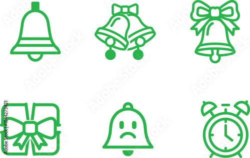 Collection of green outline vector icons featuring various festive bells a sad bell a beautifully wrapped gift box and a traditional alarm clock