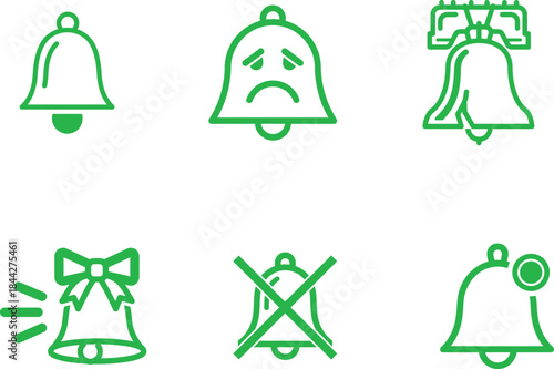 Collection of various green outline bell icons representing notification alert silent and new message status indicators for user interfaces