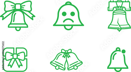 Diverse collection of green outline bell and gift box icons representing celebration alerts and holidays in a clean vector style