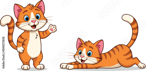 Adorable Cartoon Ginger Cat Standing and Waving Next to a Stretched-out Cat, Cute Striped Pet Animals Posing, Vector Illustration.