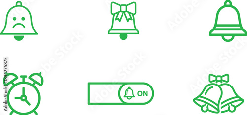 Diverse green outline bell and alarm clock icon collection for notifications alerts and time management