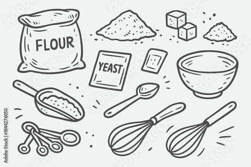 Hand-Drawn Baking Dry Ingredients — Minimal Black and White Sketch Vector Set