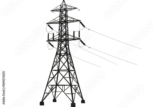 High-voltage electricity transmission tower illustration with power lines, perfect for industrial themes, energy infrastructure designs, engineering graphics, and utilities