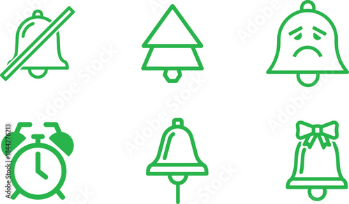 Green line art icon set featuring various bell shapes an alarm clock and notification symbols for modern design applications