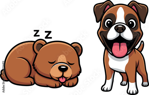 Cute Cartoon Boxer Puppy Dog Posing Happily Next to a Baby Bear Cub Sleeping, Adorable Animal Friends Vector Illustration for Kids and Pets.