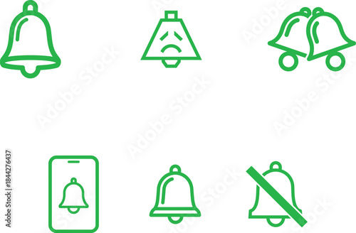 Modern green line art icons depicting various notification bell states and smartphone alerts for digital interface design
