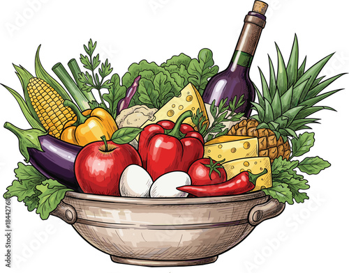 Highly Detailed Vector Illustration of a Bountiful Harvest Bowl Overflowing with Vegetables, Fruits, Cheese, Wine Bottle, and Eggs in an Engraving Style.