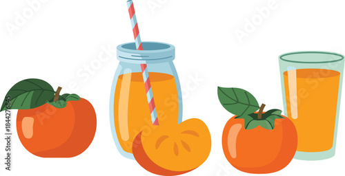 Fresh and Healthy Persimmon Fruit with Juice in a Jar and Glass Vector Illustration, Perfect for Autumn Menus, Labels, and Nutrition Designs.