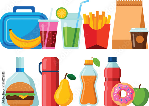 Flat Design Vector Collection of Various School Lunch, Fast Food, Snacks, and Beverages Including Burger, Fruit, Drinks, and Thermos.