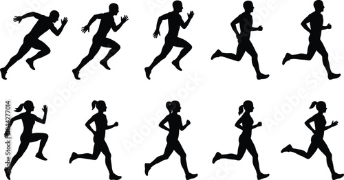 Running men and women silhouette illustration set showing sprint and jog poses for fitness, sport and motion design projects