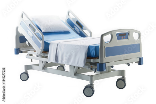 A modern medical electric adjustable hospital bed isolated on a white background for patient care.