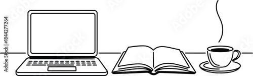 Minimalist Line Art of a Workspace with Laptop, Open Book, and Coffee