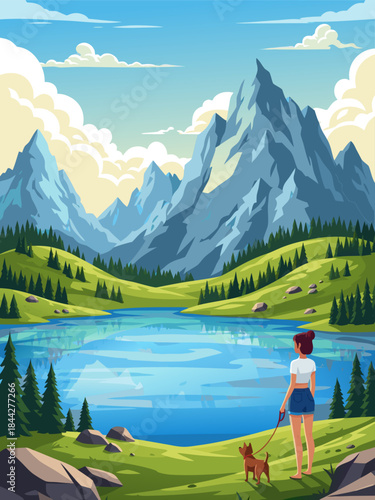A woman and her dog enjoy a serene mountain lake landscape with lush green hills and majestic peaks under a cloudy sky.