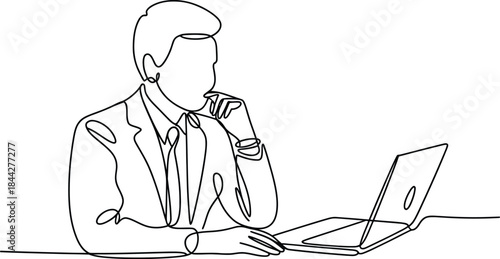 Single Line Drawing of a Pensive Businessman Working on a Laptop at his Desk