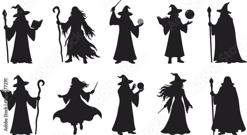 Wizard Silhouette Vector Set Featuring Magical Sorcerers, Witches, Spellcasters, Fantasy Characters, Black Shadow Illustrations for Games, Books, and Halloween Design Projects