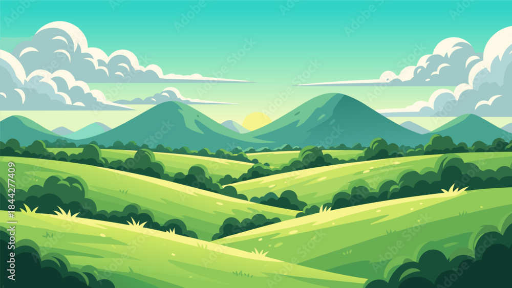 Fototapeta premium A vibrant, stylized landscape painting of rolling green hills under a bright blue sky with fluffy white clouds.