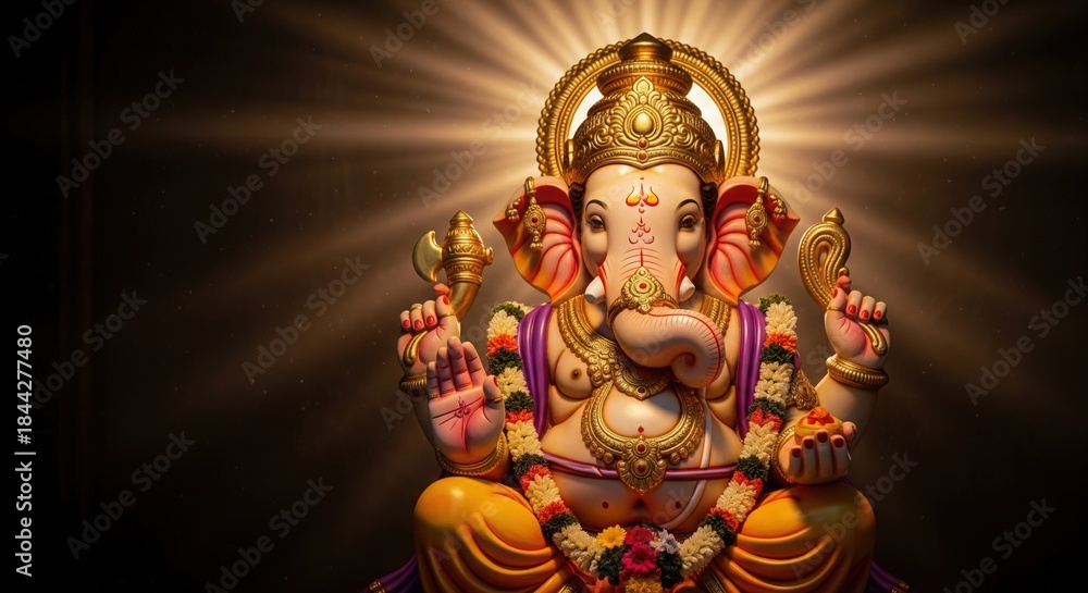 Fototapeta premium Dagdusheth Lord Ganesha Idol. Soft Divine Rays With Copy Space.