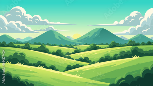 A vibrant, stylized landscape painting of rolling green hills under a bright blue sky with fluffy white clouds.