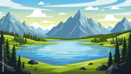 A serene mountain lake surrounded by lush green hills and majestic snow-capped peaks under a clear blue sky with fluffy clouds.