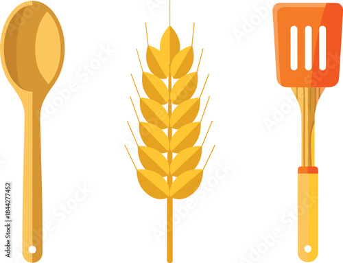 Kitchen utensil and wheat illustration set featuring wooden spoon, spatula, and grain stalk, perfect for cooking graphics, food themes, and culinary designs