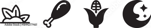 A diverse vector icon set featuring a growing plant chicken drumstick ear of corn and starry crescent moon