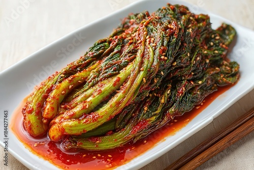 ppetizing Mustard Leaf Kimchi (Gat Kimchi) Served with Chopsticks