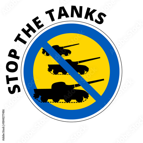 illustration with symbol as a traffic warning sign with images from the war in the colours of the Ukrainian flag with stop the tanks