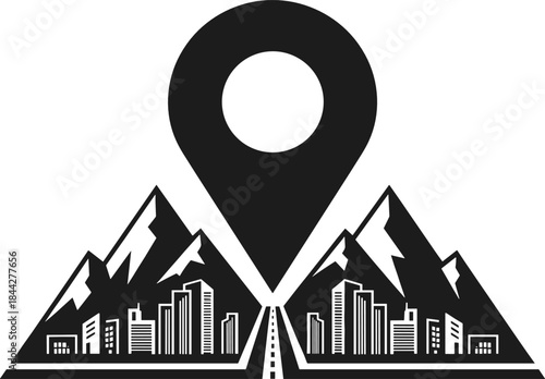 Location pin icon with mountain landscape and city skyline, perfect for travel concepts, navigation graphics, adventure branding, and tourism designs