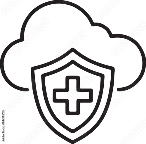 Secure Cloud Shield Icon with Cross Symbol – Minimalist Line Art for Cybersecurity and Data Protection