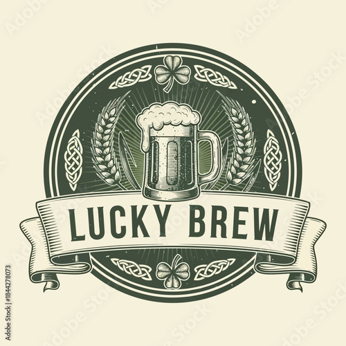 Vintage Craft Beer Logo with Lucky Clover and Barley Design