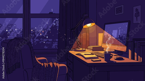 Evening Study Space with Cityscape View and Warm Light