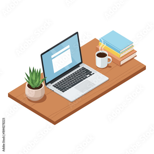 Modern Isometric Workspace with Laptop, Books, and Coffee
