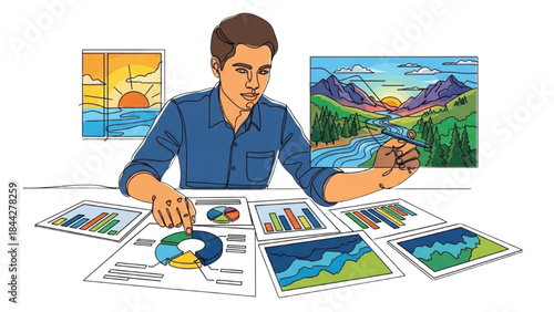 High-Quality Black Continuous Line Colorful Art of Natural Resource Manager Planning Sustainability with Charts and Landscape