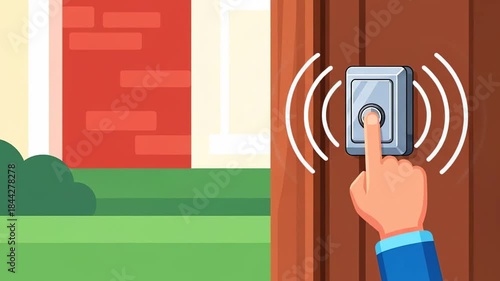 Hand pressing a doorbell button on a wooden door, with sound waves indicating its ringing, in a flat cartoon style.