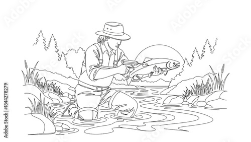 High-Quality Black Continuous Line Art of Fisheries Biologist Tagging Fish for Population Tracking