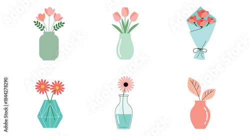 Minimalist flower vase illustration set featuring tulips