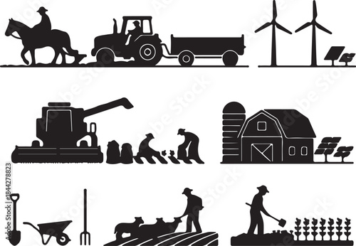Agricultural Silhouettes Showing Farming Activities Including Tractors Windmills Barns and Tools