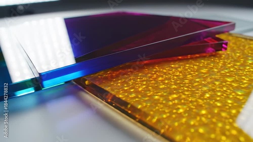 Close-up of iridescent acrylic sheets with vibrant blue and purple hues reflecting light.