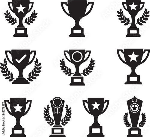 Collection of black and white trophy icons representing various awards and achievements suitable for design and web use